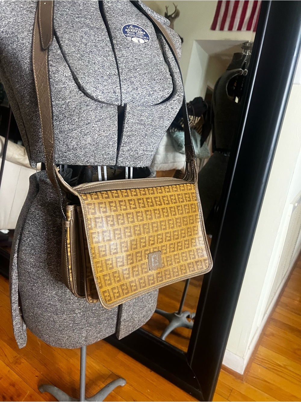 FENDI FF MONOGRAM Zucca Brown & Gold Coated Canvas Vinyl Crossbody Bag Vintage